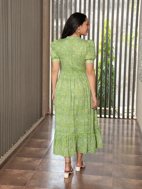 MULMUL GREEN FLORAL JAAL BLOCK PRINTED DRESS MULMUL GREEN FLORAL JAAL BLOCK PRINTED DRESS